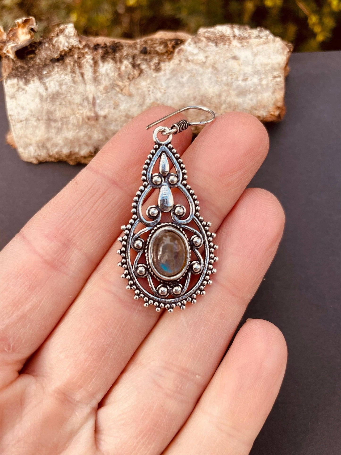 Ethnic Labradorite Silver Drop Dangle Earrings