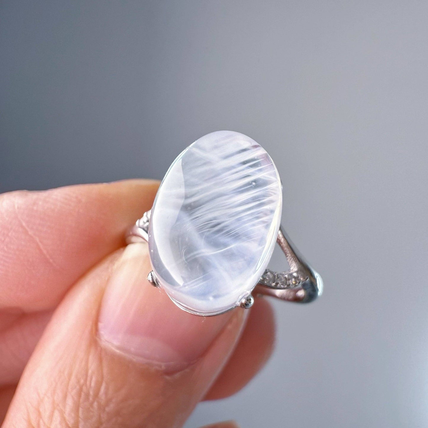 Handmade Natural Blue Needle Quartz Crystal Silver Ring