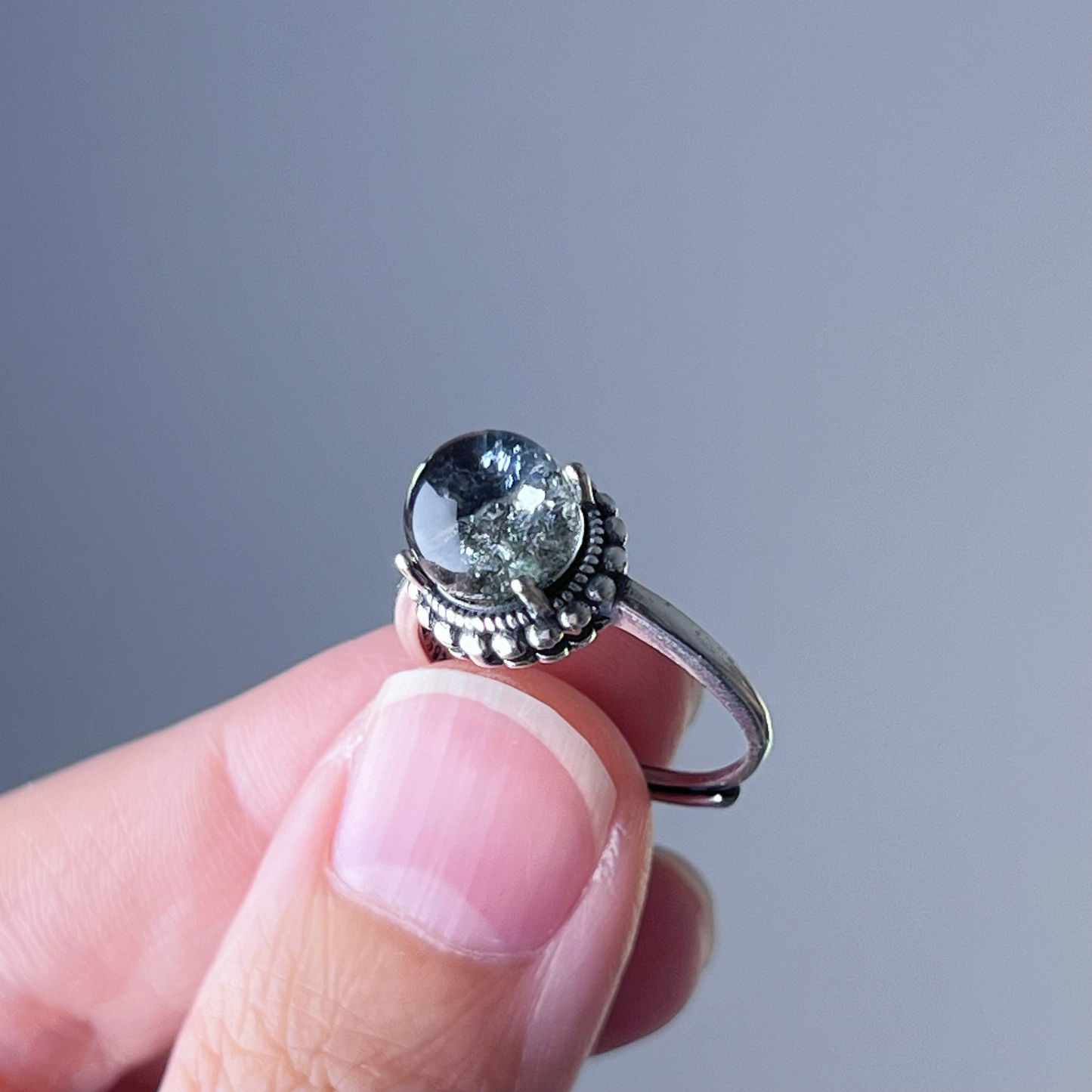 Handmade Natural Black Phantom Quartz Crystal Silver Ring
