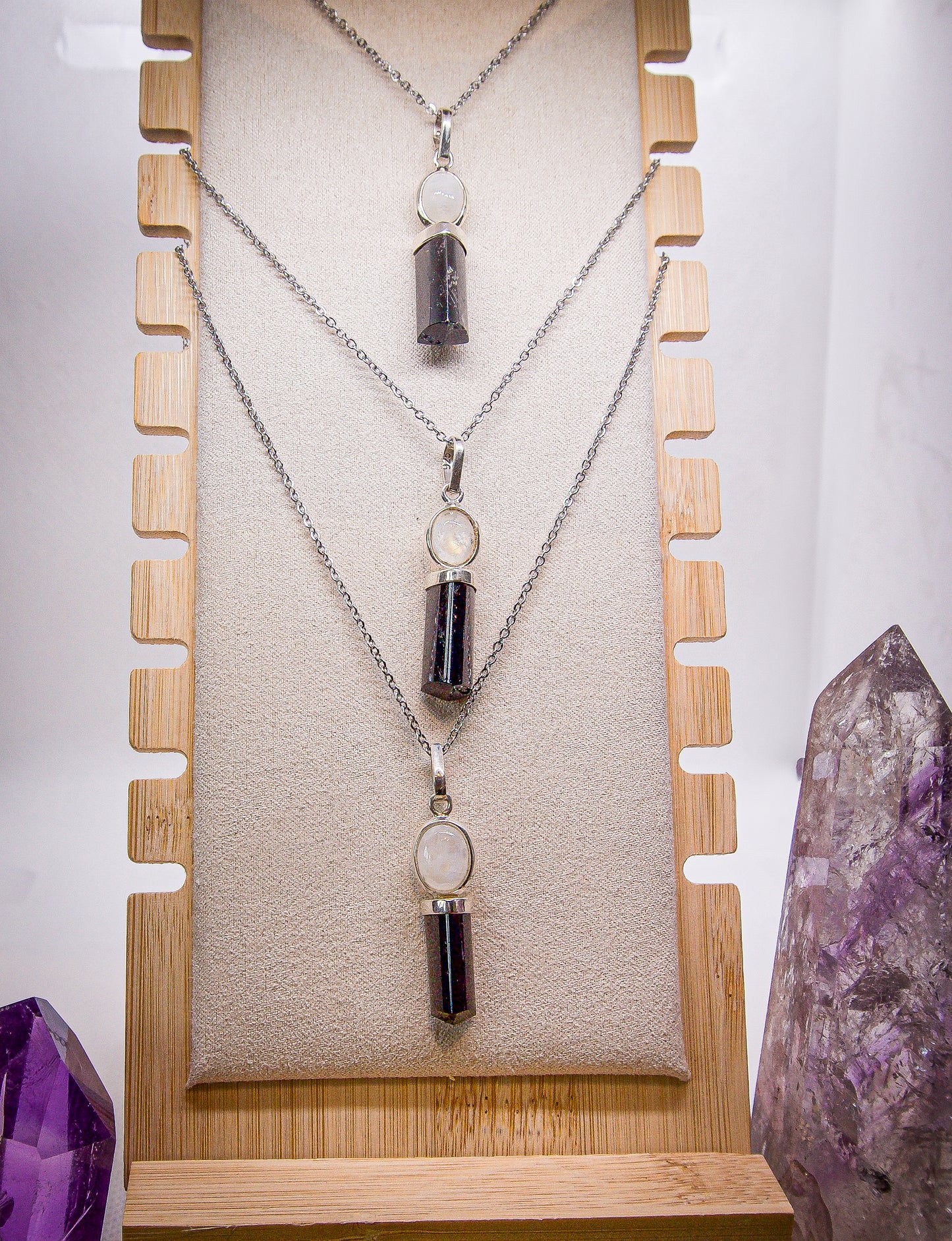 Tourmaline and Moonstone Pendant with Stainless Steel Chain