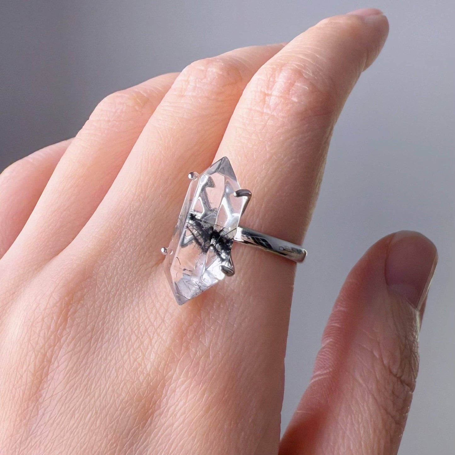 Handmade Natural Black Rutile Quartz Crystal Sterling Silver Ring