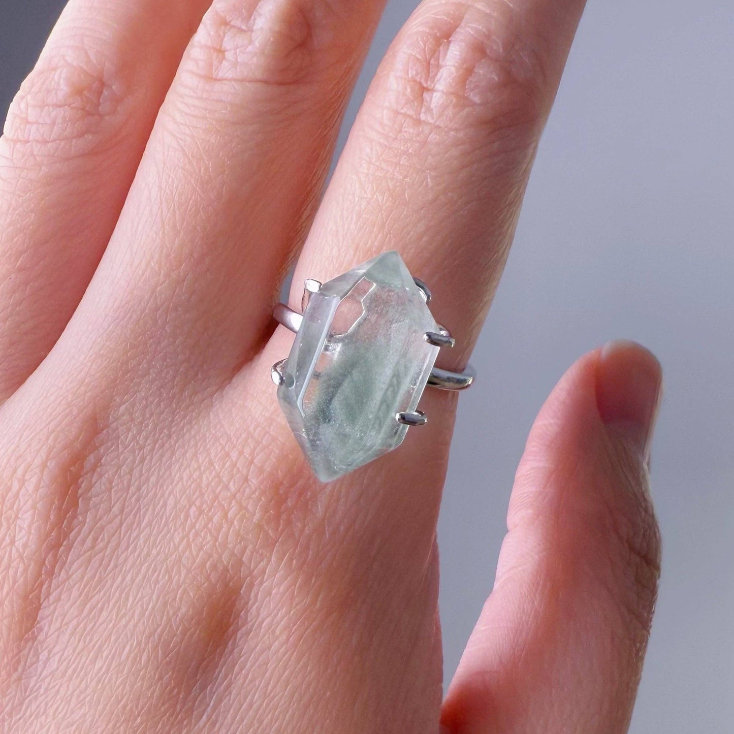 Handmade Natural Green Phantom Quartz Double Terminated Crystal Ring