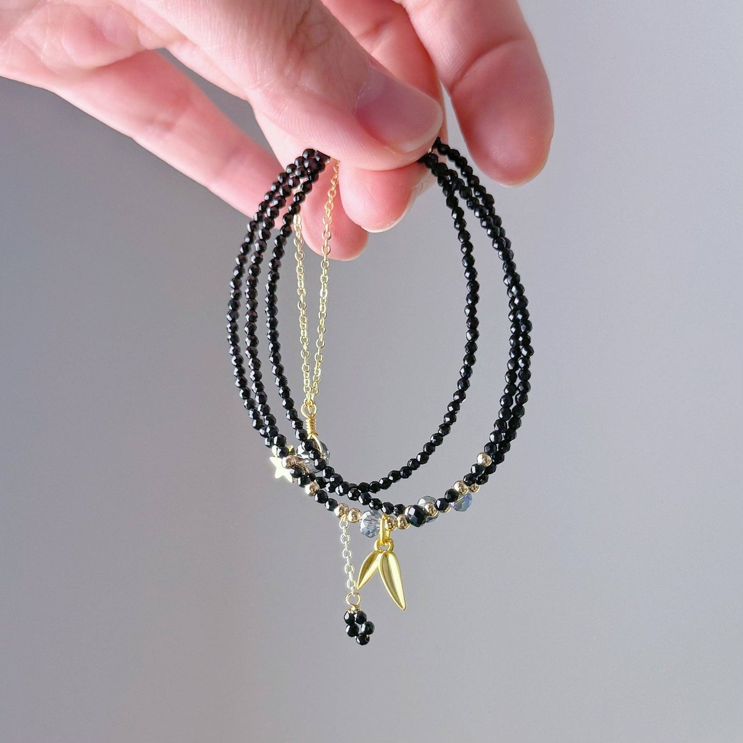 Handmade Black Spinel Crystal Necklace Multi Strap Bracelet