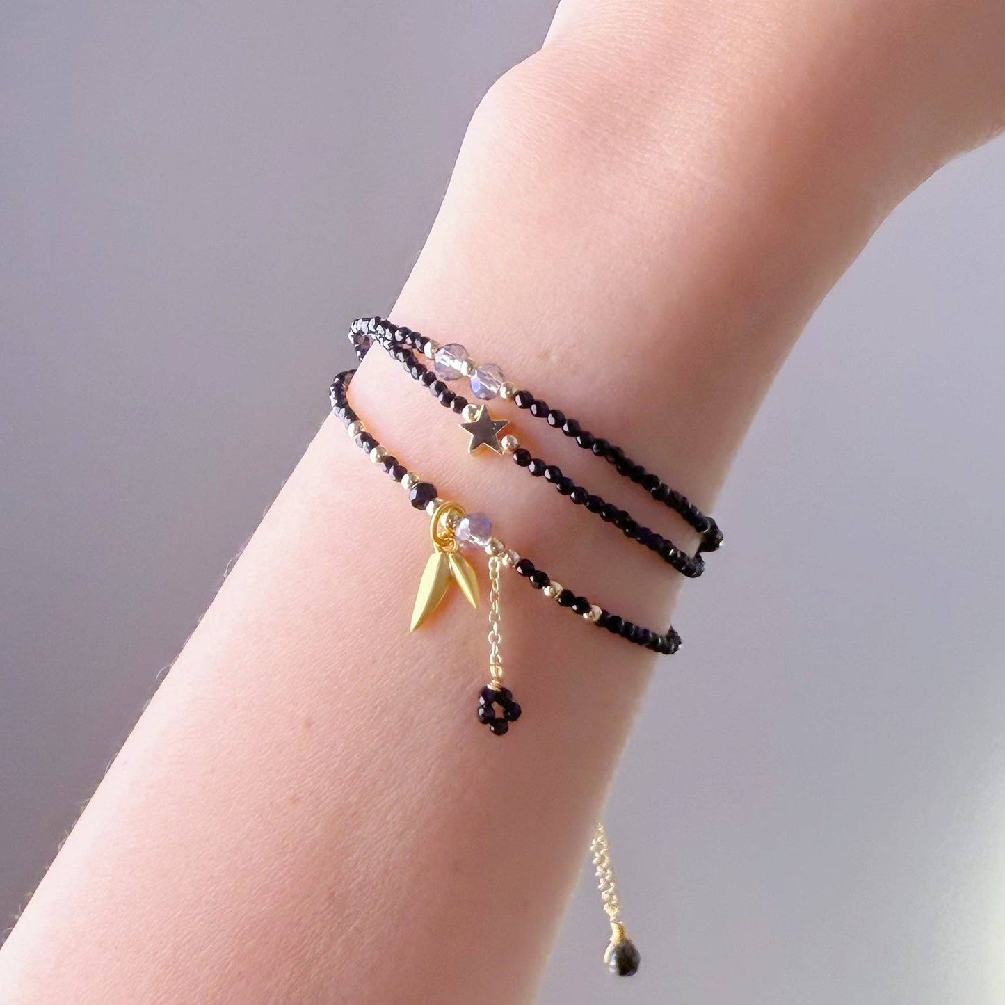 Handmade Black Spinel Crystal Necklace Multi Strap Bracelet