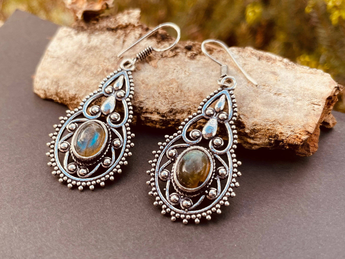 Ethnic Labradorite Silver Drop Dangle Earrings