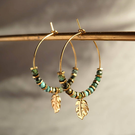 Monstera Leaf Beaded Hoop Earrings