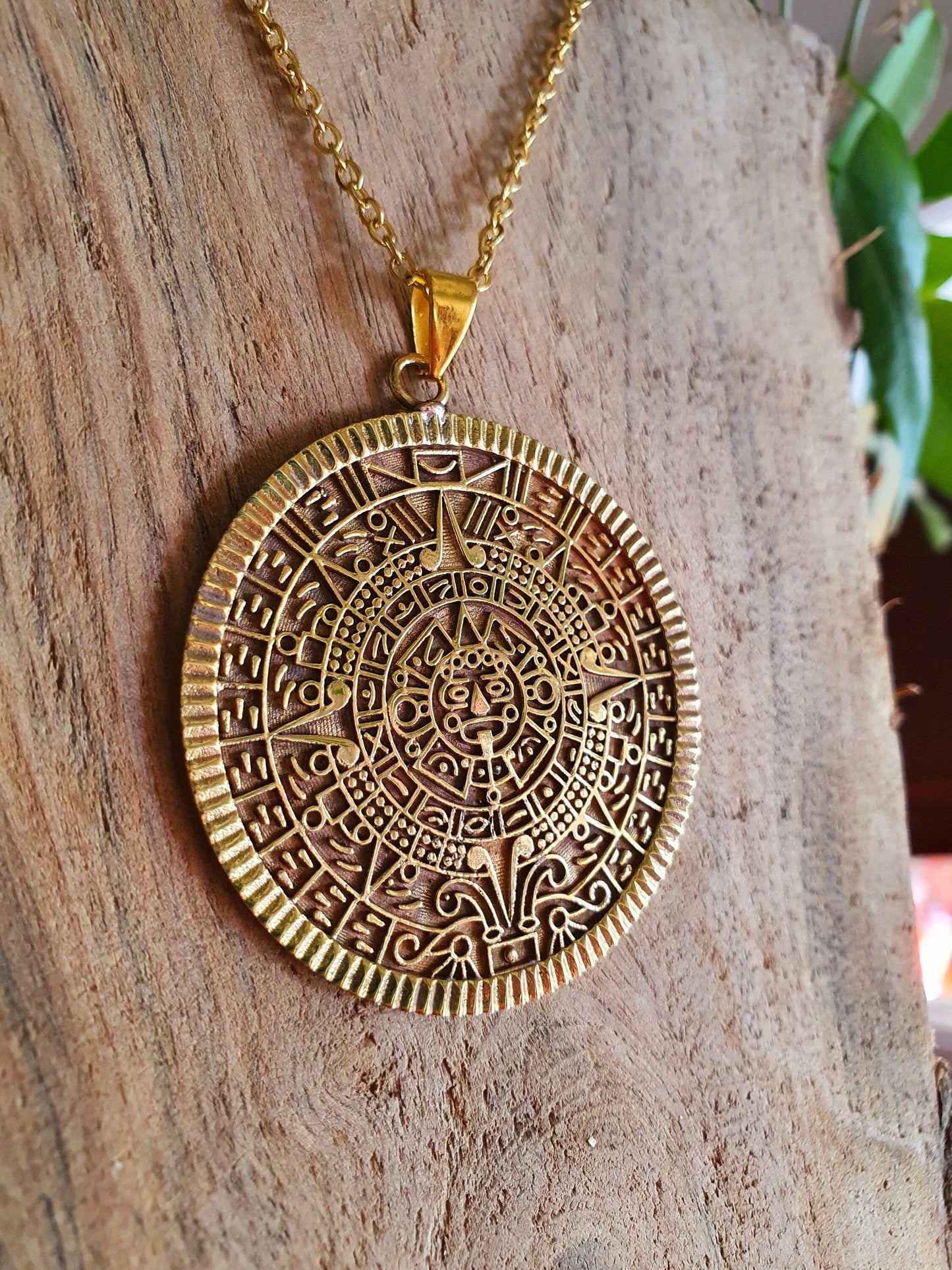 Gold Sacred Mayan Calendar Necklace