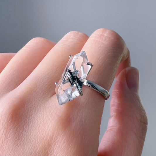 Handmade Natural Black Rutile Quartz Crystal Sterling Silver Ring