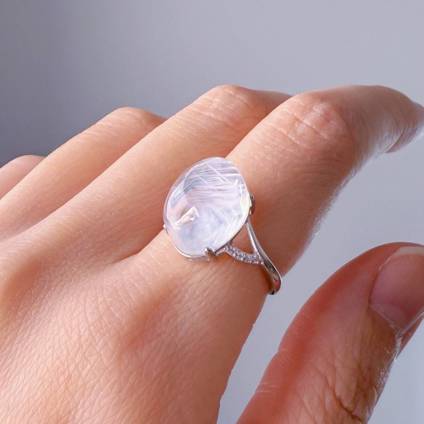 Handmade Natural Blue Needle Quartz Crystal Silver Ring