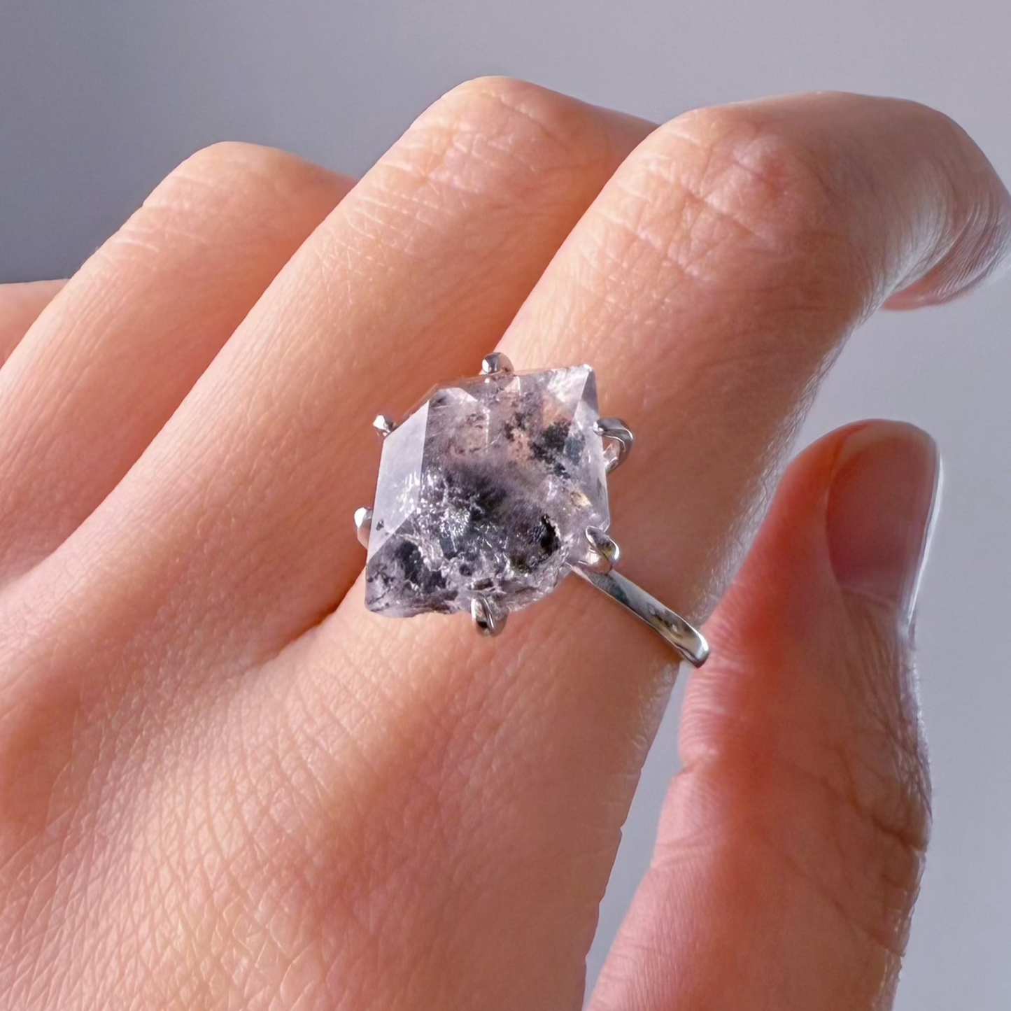 Handmade Natural Medium Herkimer Diamond Crystal Sterling Silver Ring