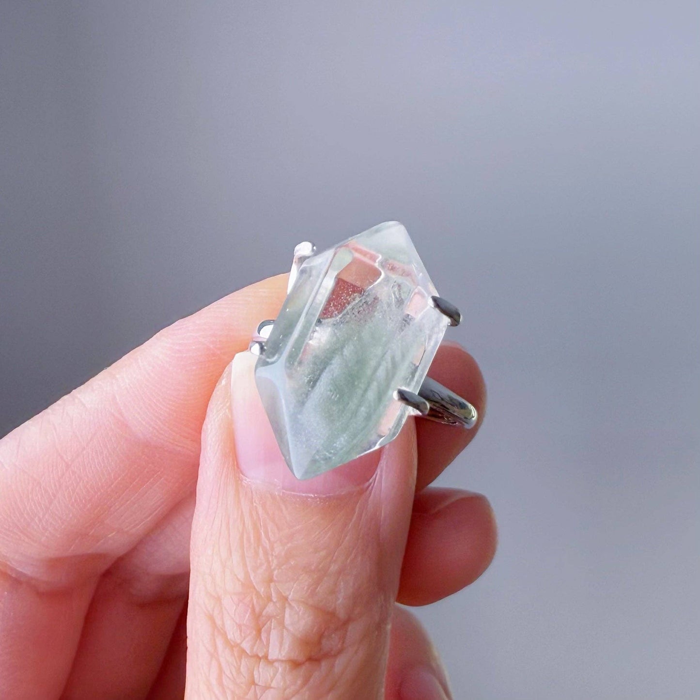 Handmade Natural Green Phantom Quartz Double Terminated Crystal Ring
