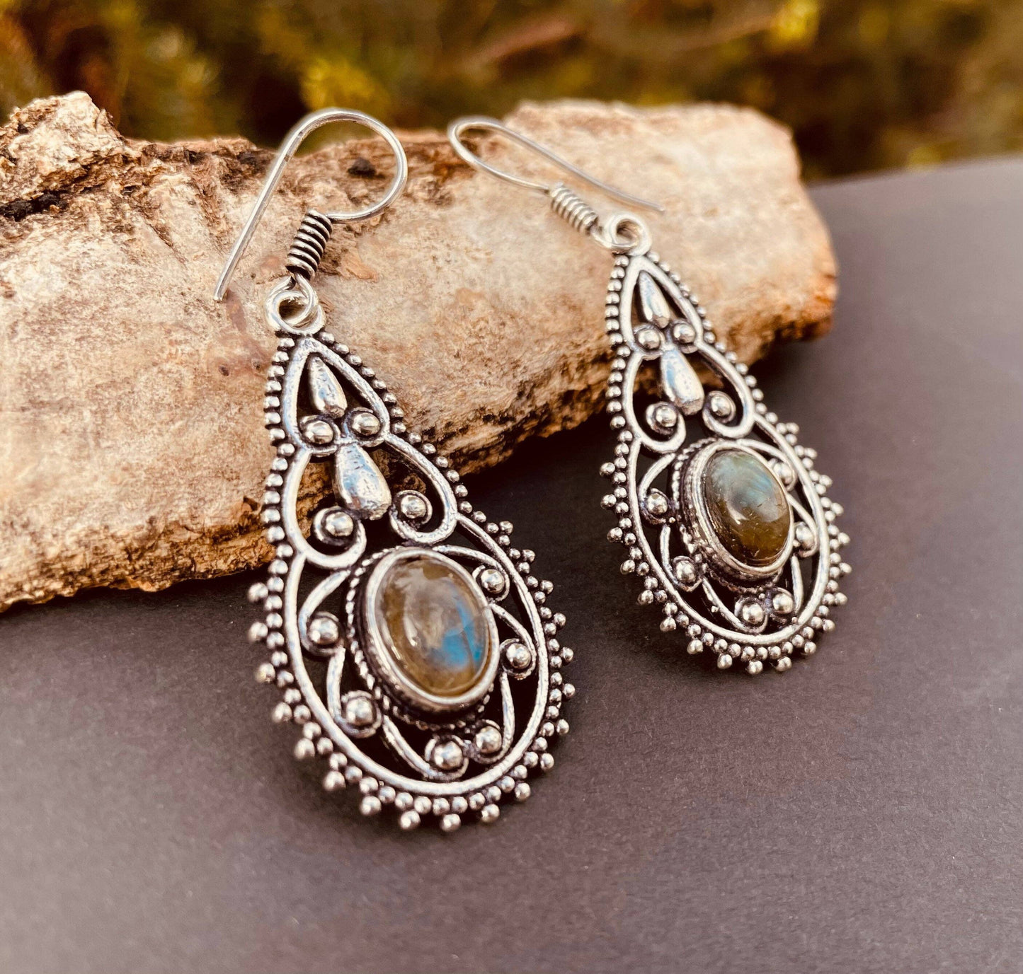 Ethnic Labradorite Silver Drop Dangle Earrings