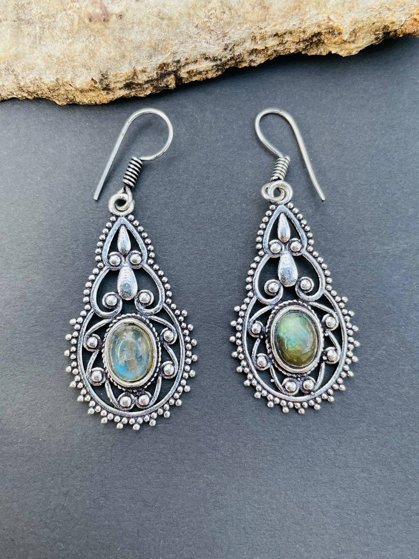 Ethnic Labradorite Silver Drop Dangle Earrings