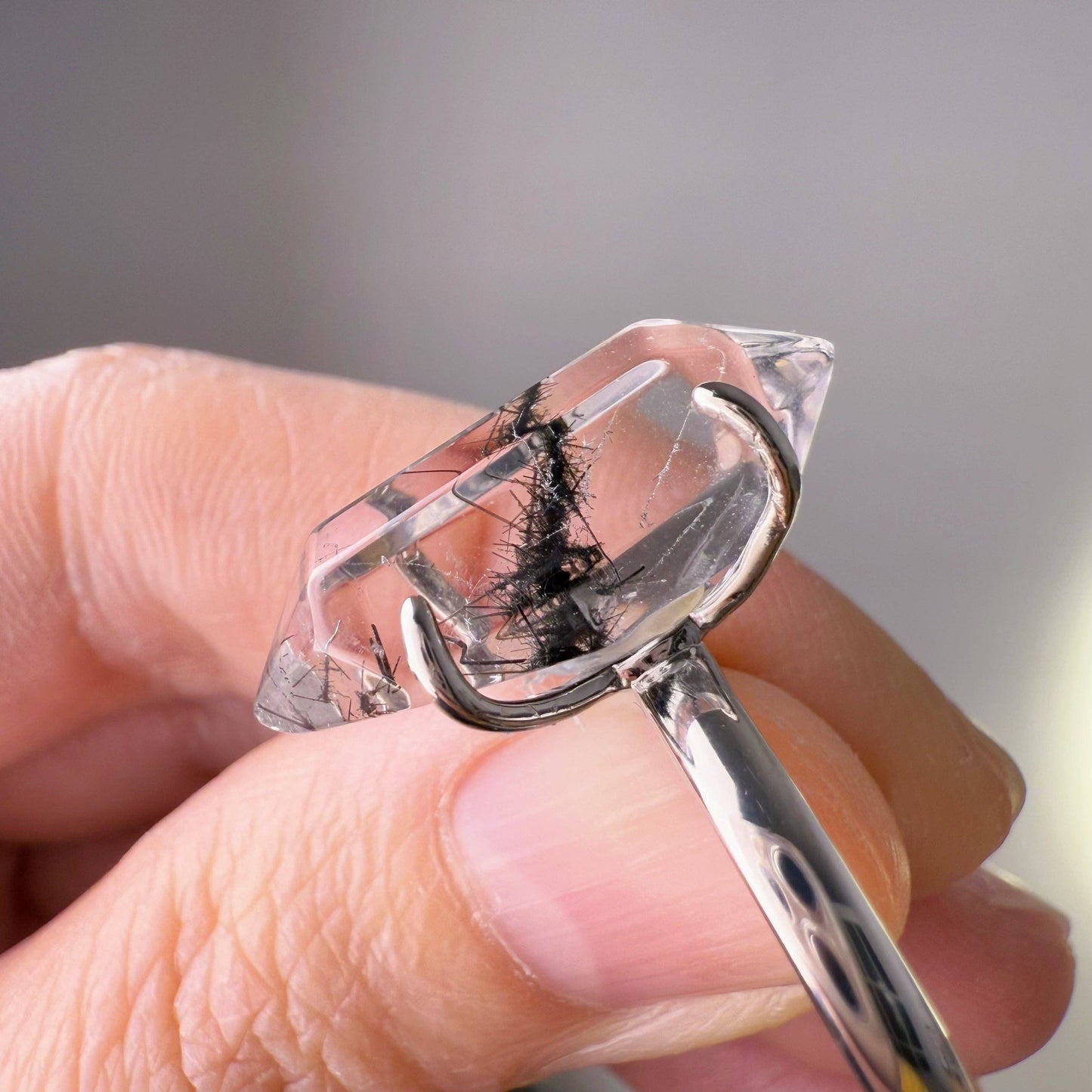 Handmade Natural Black Rutile Quartz Crystal Sterling Silver Ring