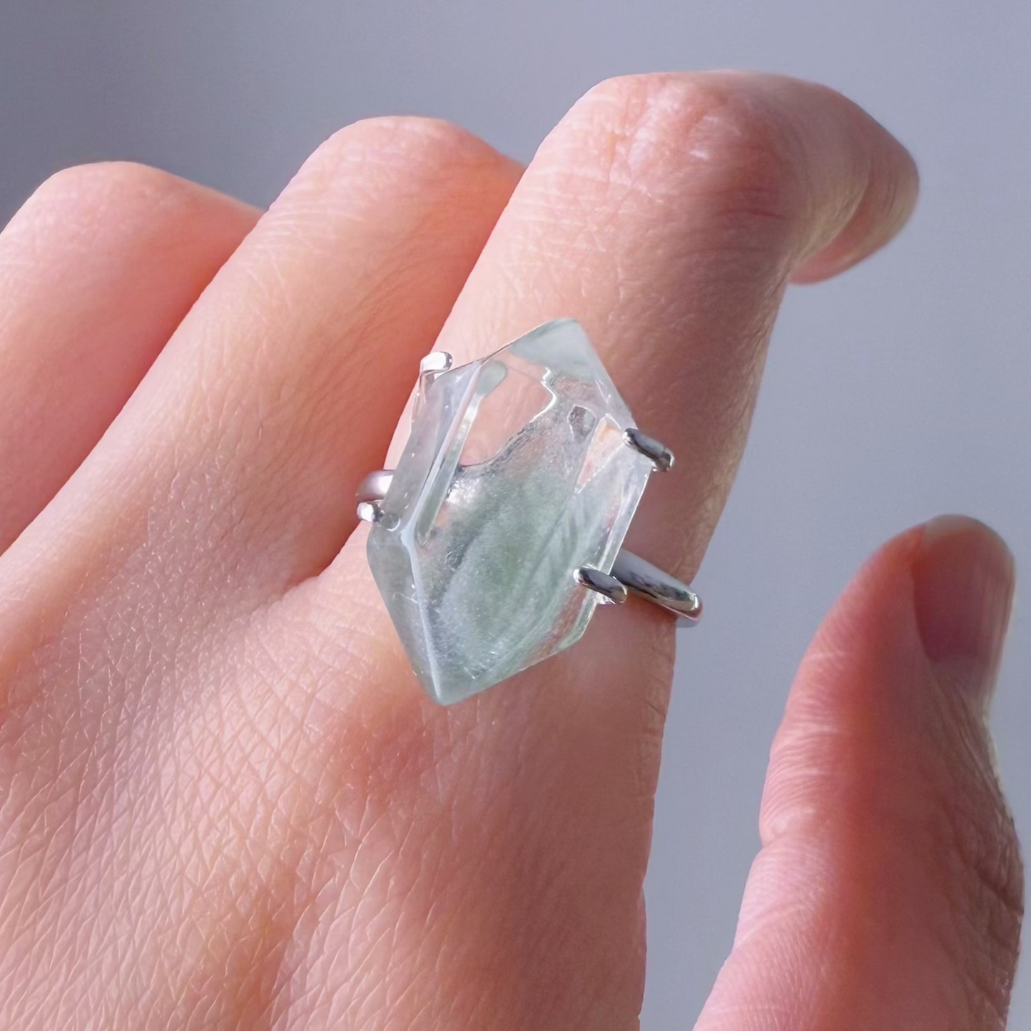 Handmade Natural Green Phantom Quartz Double Terminated Crystal Ring