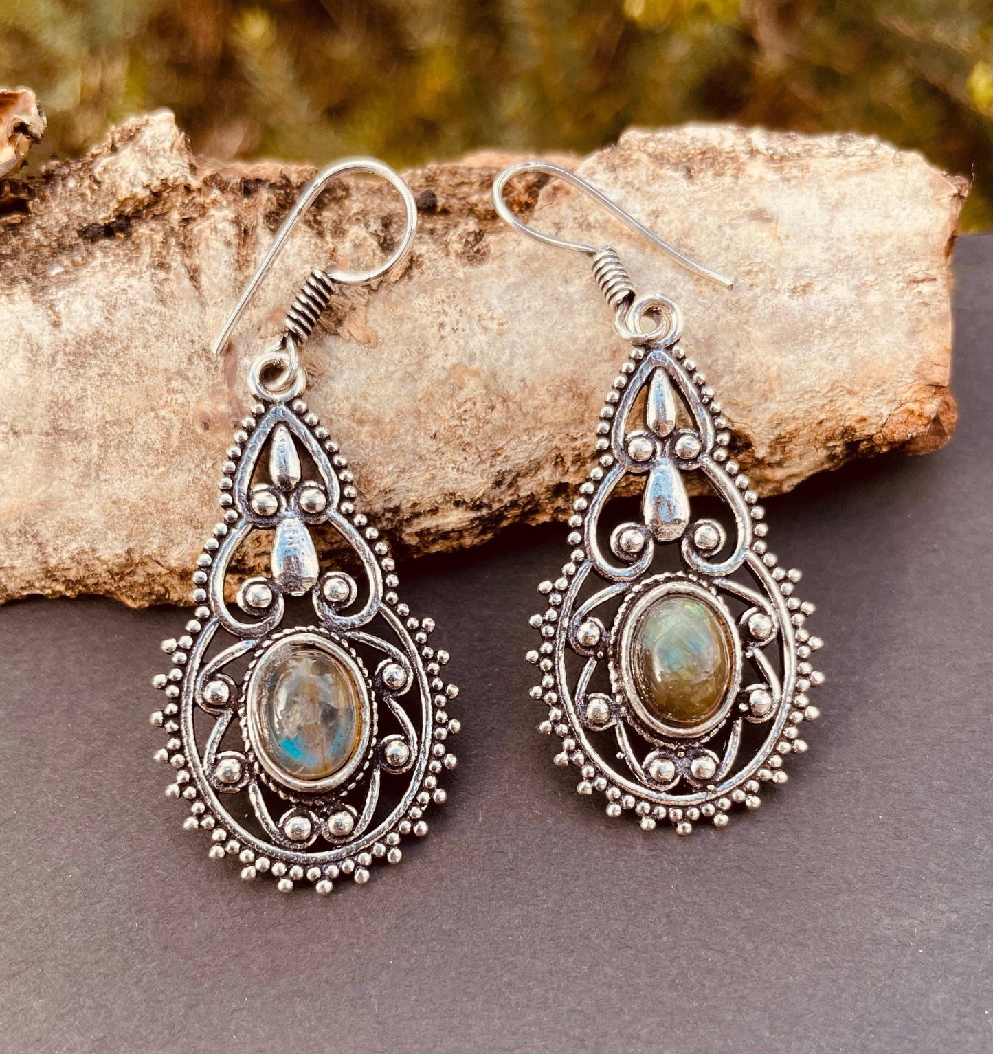 Ethnic Labradorite Silver Drop Dangle Earrings