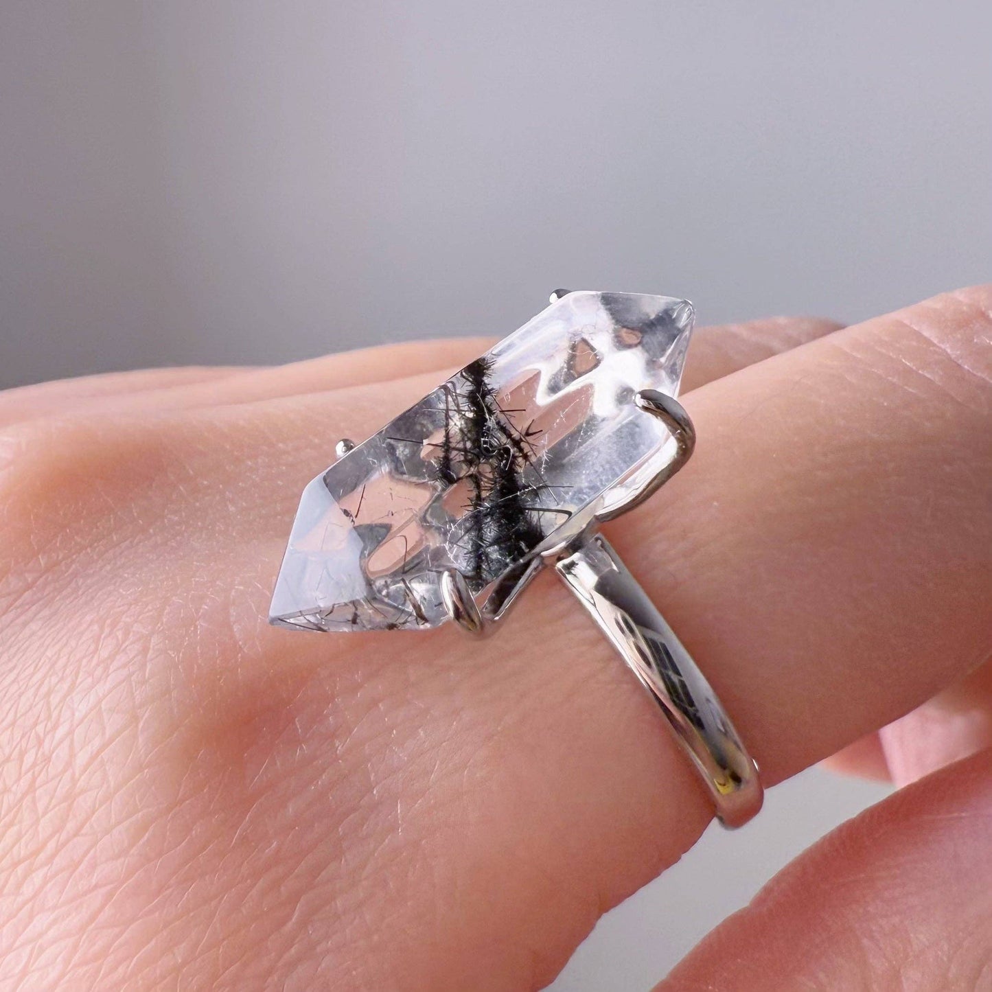 Handmade Natural Black Rutile Quartz Crystal Sterling Silver Ring