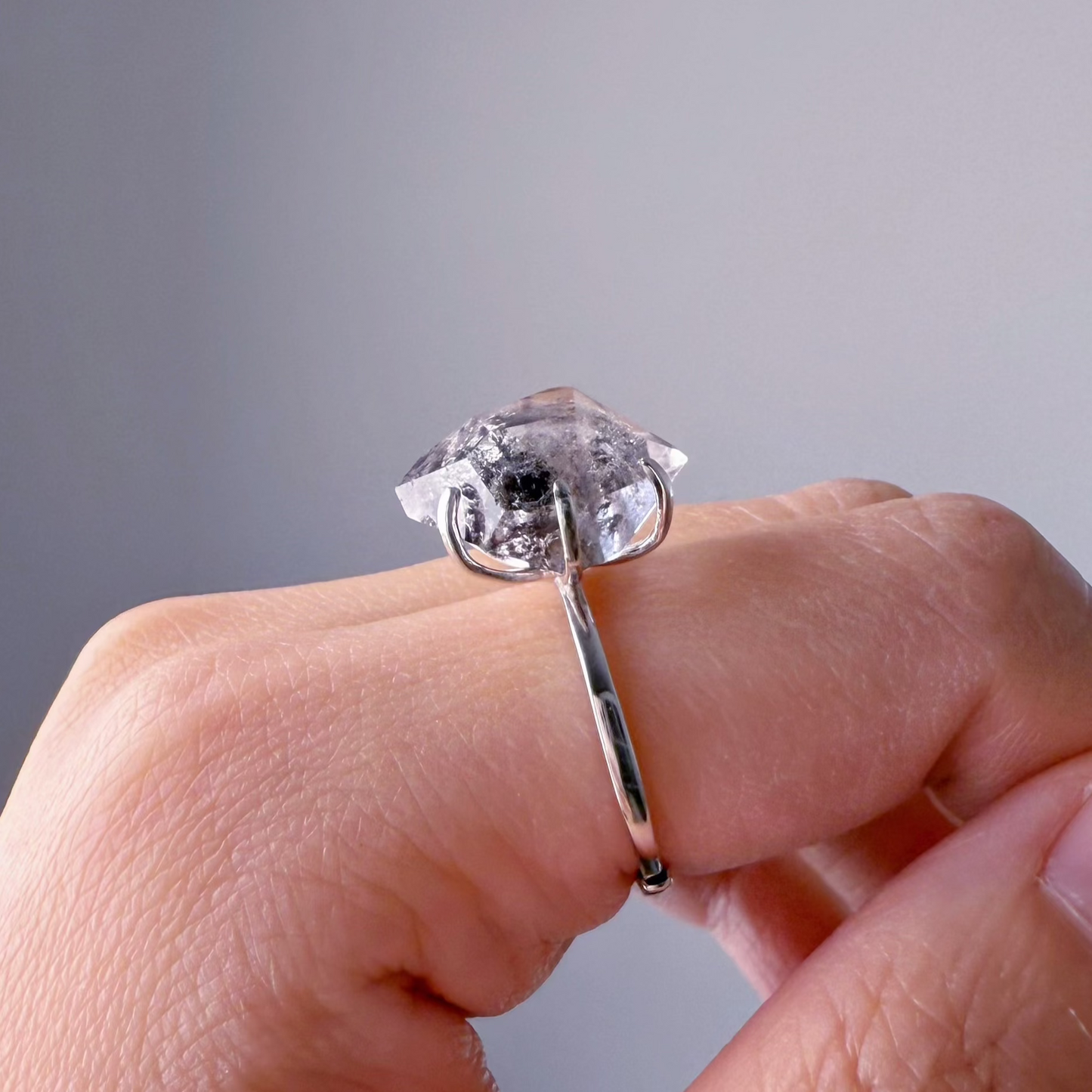 Handmade Natural Medium Herkimer Diamond Crystal Sterling Silver Ring