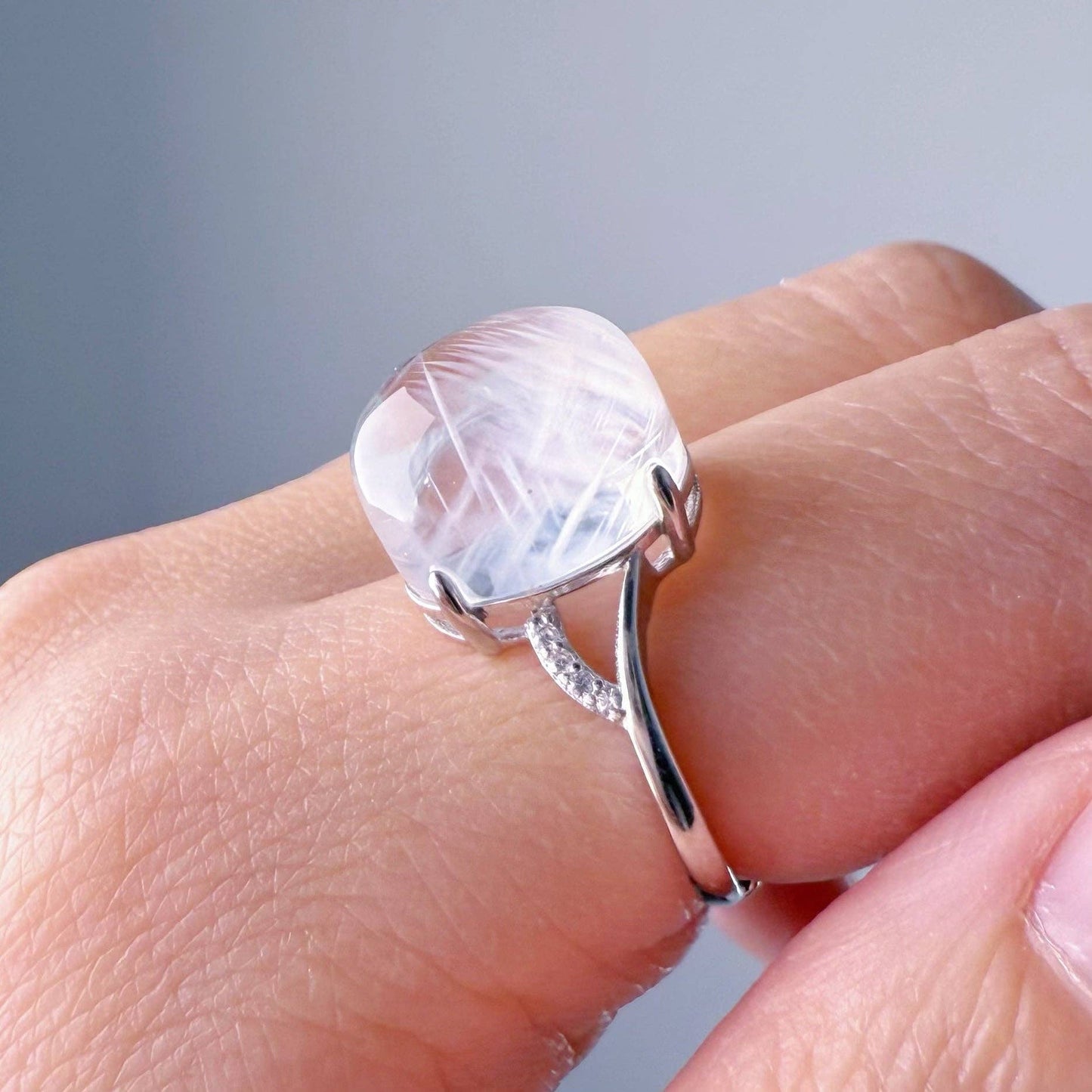 Handmade Natural Blue Needle Quartz Crystal Silver Ring