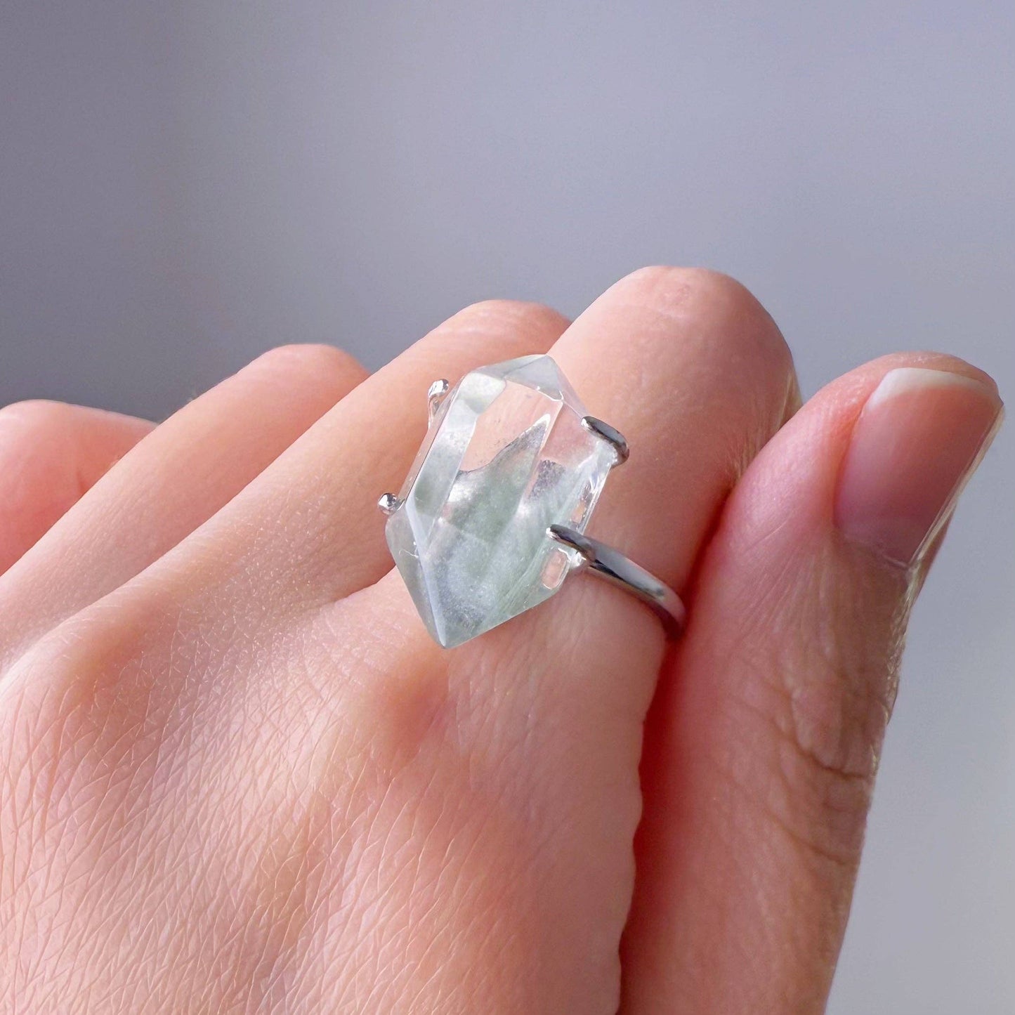 Handmade Natural Green Phantom Quartz Double Terminated Crystal Ring