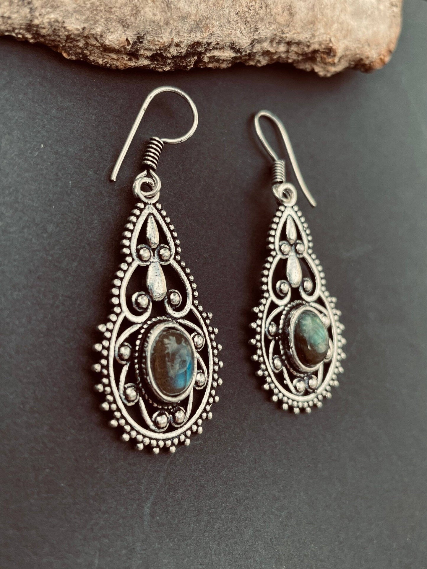 Ethnic Labradorite Silver Drop Dangle Earrings