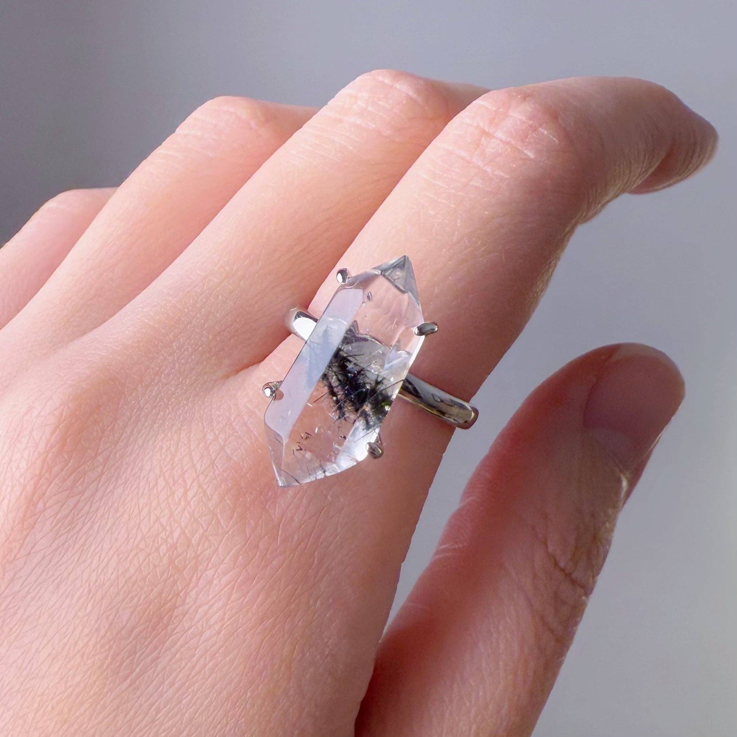 Handmade Natural Black Rutile Quartz Crystal Sterling Silver Ring